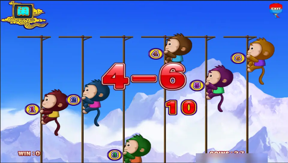 Monkey Thunderbolt race with monkeys 4 and 6 at the top of their poles and the result 4-6 paying 10