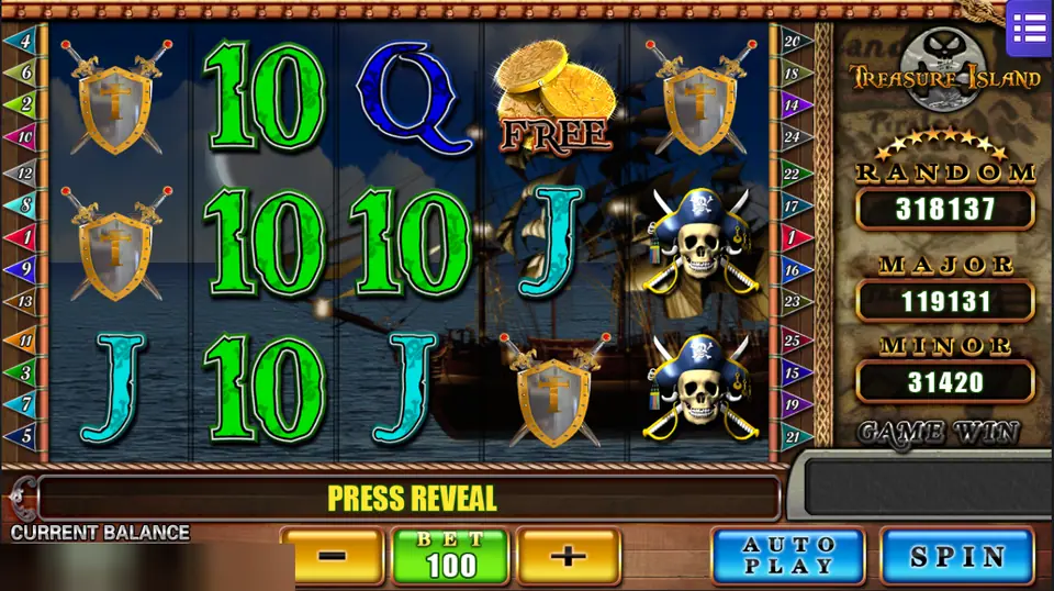 Treasure Island before a spin at 100 credits, with a FREE coin on reel four, shields and skulls, and Press Reveal under the reels