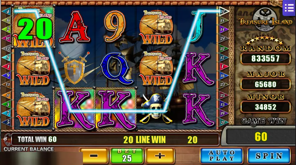 Treasure Island with galleon Wild symbols stacked on reel one and two more on reel four, and a win of 20 on line 20