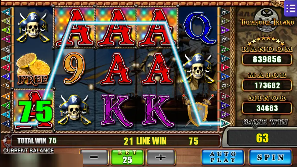 Treasure Island with four aces on line 21 and a line win of 75