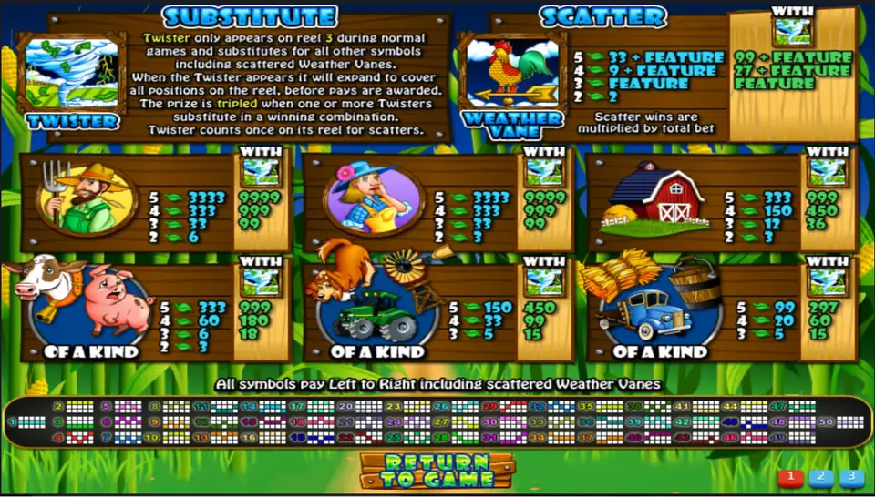 Triple Twister help screen with the twister wild rules, the weather vane scatter pays and the pay table for each symbol