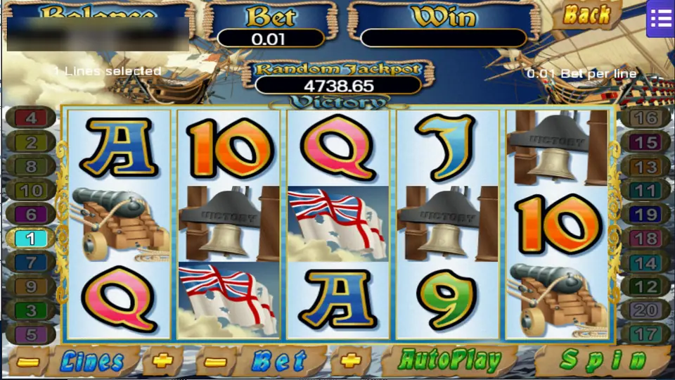 Victory with cannons on reels one and five, two naval flags, three bells engraved Victory and aces on reels one and three