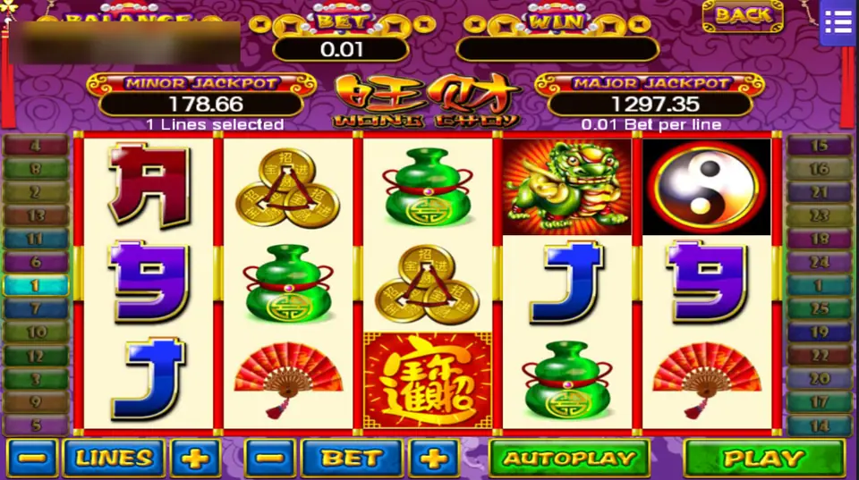 Wang Choy with the golden lion on reel four, the yin-yang on reel five, the red lucky-word tile on reel three and jade pouches and coins