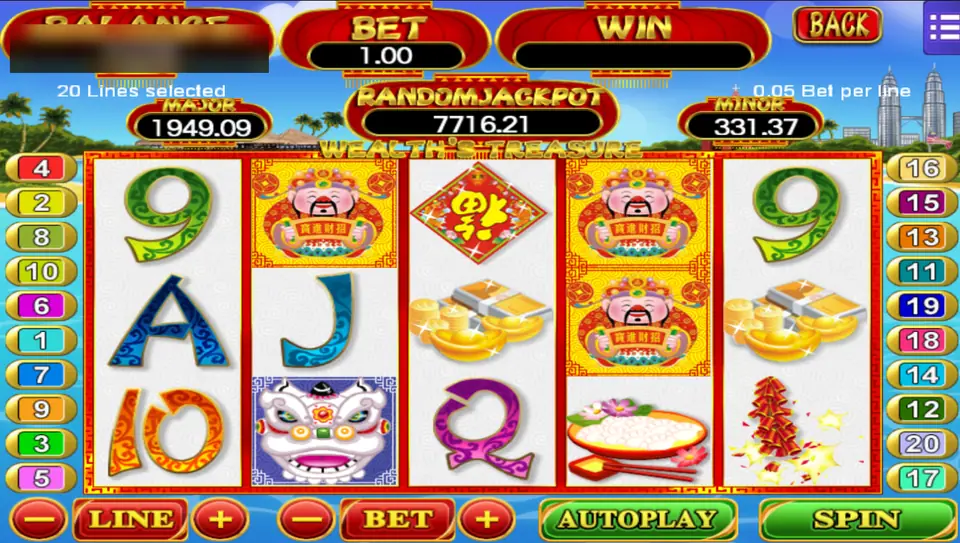 Wealth's Treasure reels with the God of Wealth on reels two and four, a lion dance head, a Fu diamond, gold ingots and firecrackers, 20 lines at 0.05