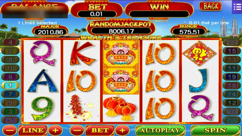 Wealth's Treasure with the God of Wealth stacked on reel three, lanterns, firecrackers and a Fu diamond, one line at 0.01