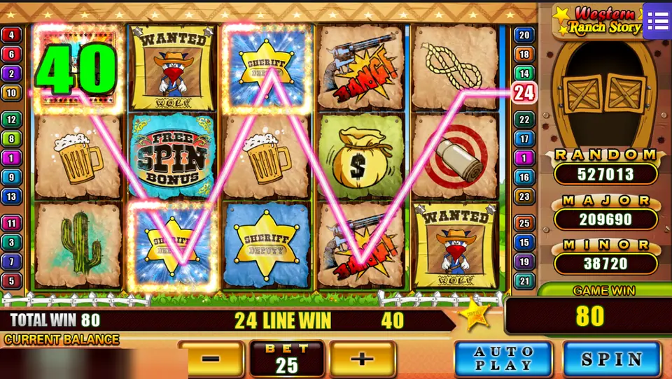Western Ranch Story with a win of 40 on line 24 through two sheriff stars and a Free Spin Bonus badge on reel two
