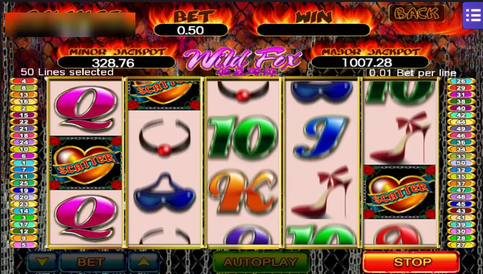 Wild Fox reels with three heart Scatter symbols, card letters and high heels, 50 lines selected at 0.01 a line