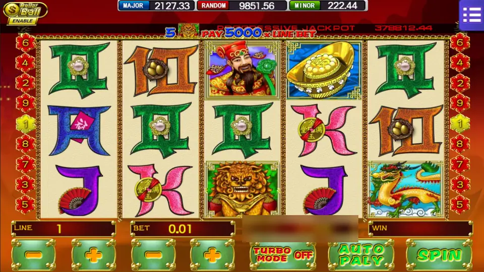 Zao Chai Jin Bao with the banner 5 lions pay 5000 x line bet, the God of Wealth, a gold ingot, a guardian lion and a dragon