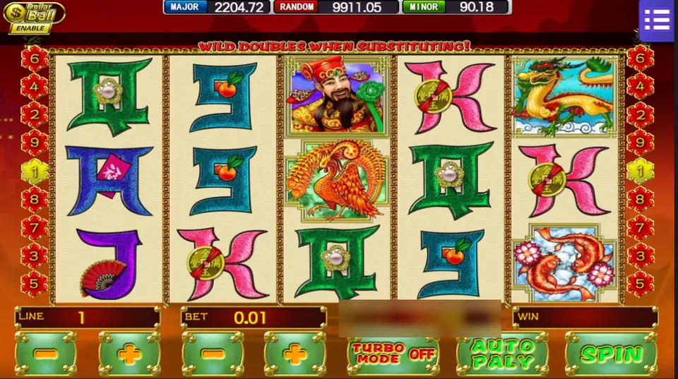 Zao Chai Jin Bao with the banner Wild doubles when substituting, a phoenix, koi and a dragon on the reels