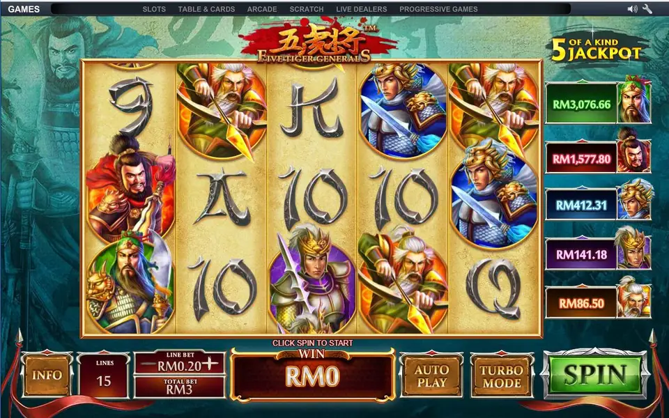 Five Tiger Generals spin with generals in green, red, blue and purple armour and the five jackpot meters