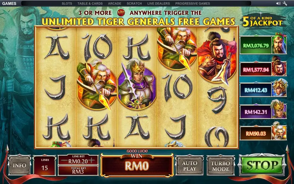 Five Tiger Generals with the banner announcing 3 or more scatters trigger the Unlimited Tiger Generals Free Games