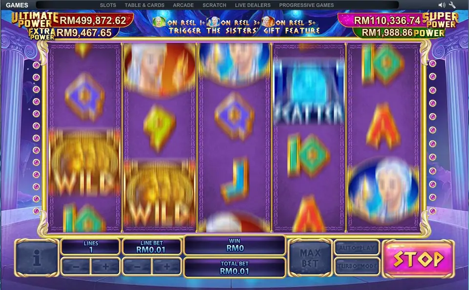 Fate Sisters reels spinning with the banner that says a sister on reels 1, 3 and 5 triggers the Sisters' Gift feature