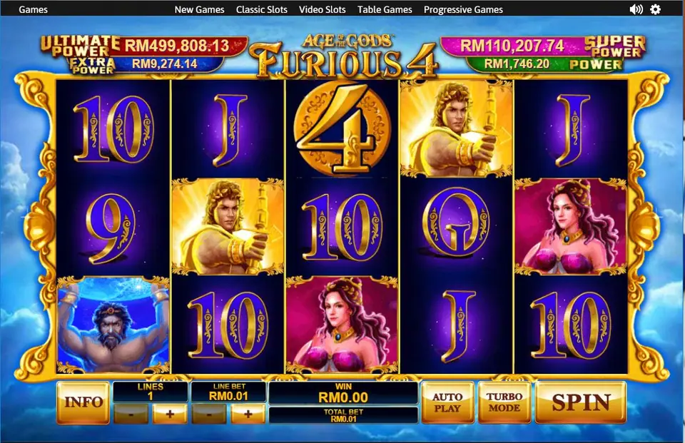 Furious 4 with the archer and a gold 4 in the middle of the reels and the woman in pink on reel 5