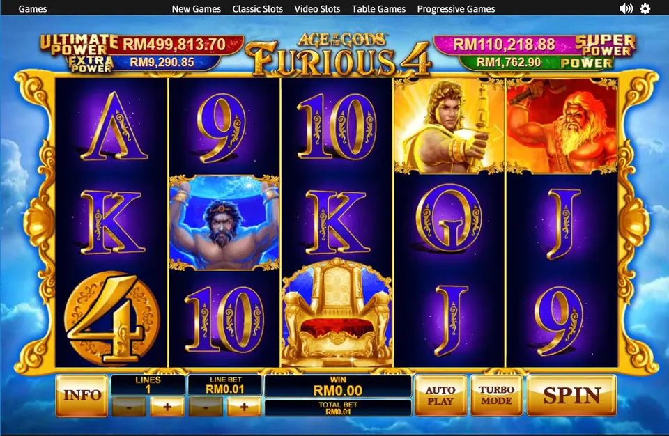 Age of the Gods Furious 4 reels on NTC33 with the gold 4 coin, a golden throne, the archer and the fire warrior