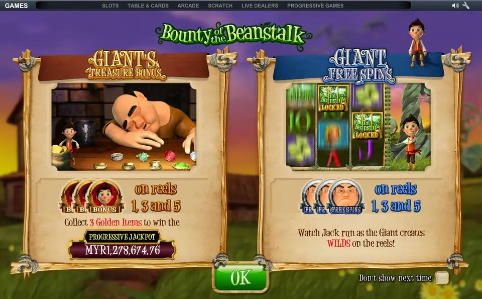 Bounty of the Beanstalk feature screen explaining the Giant's Treasure Bonus and Giant Free Spins, both on reels 1, 3 and 5