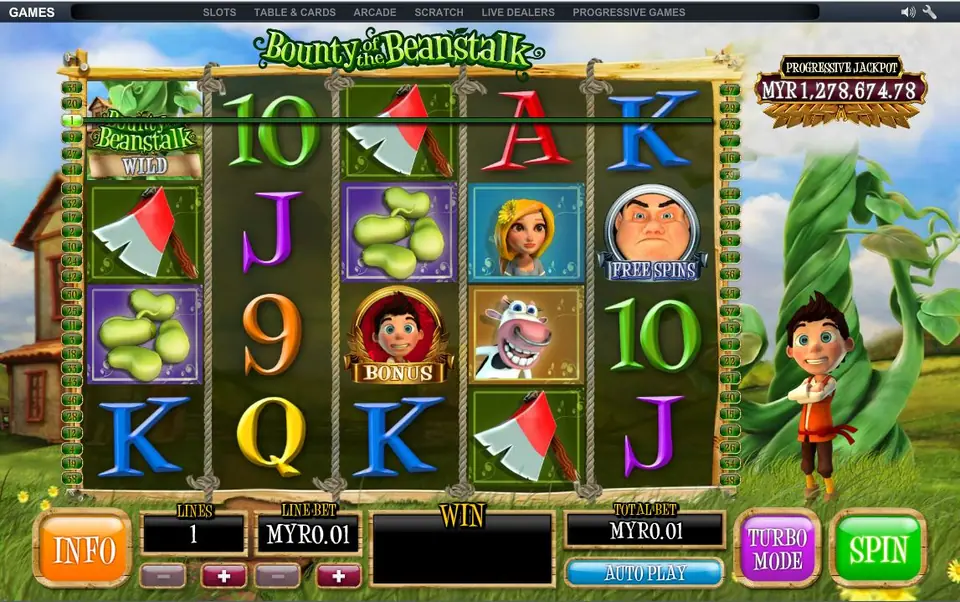 Bounty of the Beanstalk main reels with the axe, beans, cow and a Giant free spin symbol, Jack standing to the right