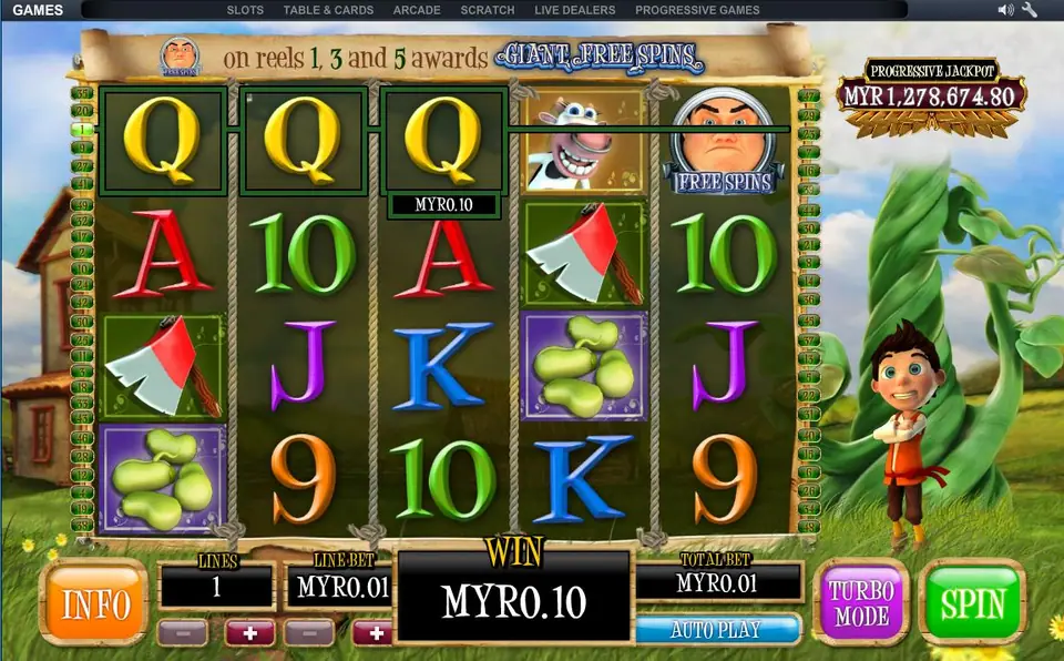 Bounty of the Beanstalk with a winning line of Qs across the top row paying MYR0.10