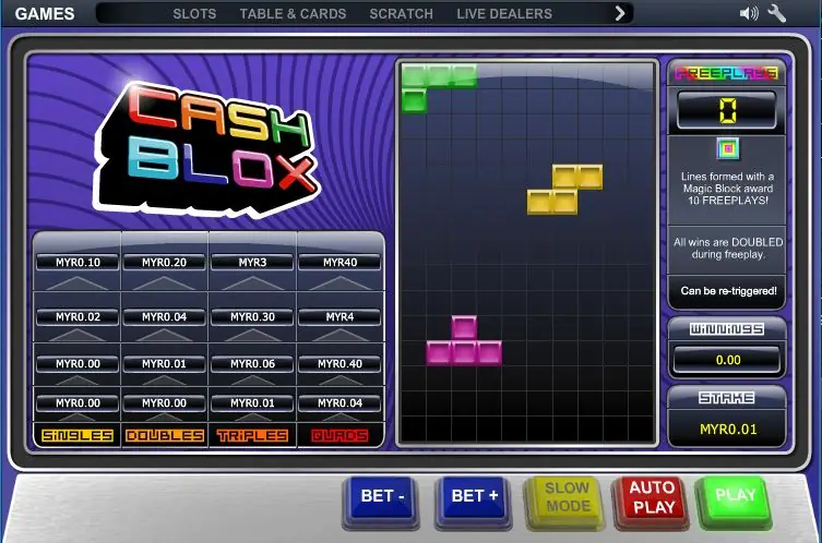 Cash Blox on NTC33 with falling blocks in the grid, the singles to quads pay table on the left and a MYR0.01 stake