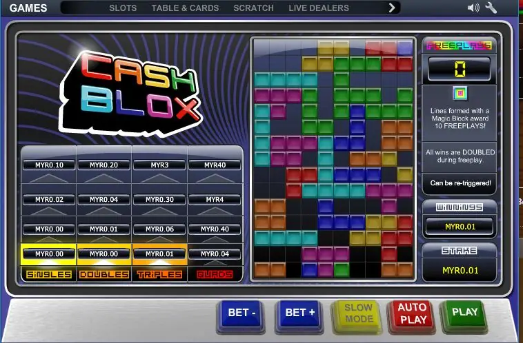 Cash Blox grid nearly full of coloured blocks, with one row of the pay table highlighted