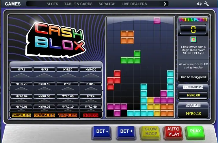 Cash Blox at a MYR0.10 stake with blocks stacked on the right and the freeplay counter at zero