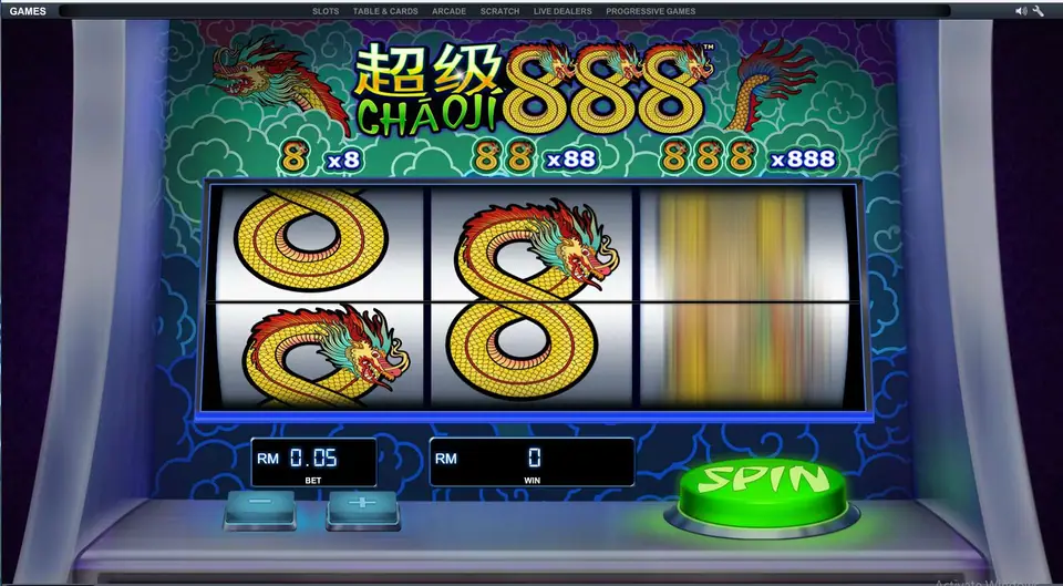 Chao Ji 888 at RM0.05 with two reels stopped and the third still spinning