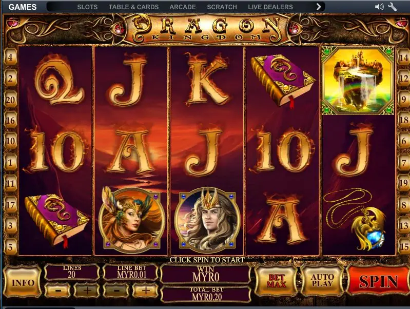 Dragon Kingdom on NTC33 with two warrior symbols, a spell book and a floating castle on reels framed in bronze, 20 lines at MYR0.01