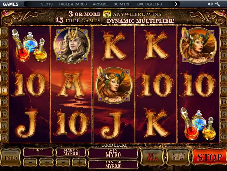 Dragon Kingdom with the banner reading 3 or more scatters anywhere wins 15 free games plus dynamic multiplier