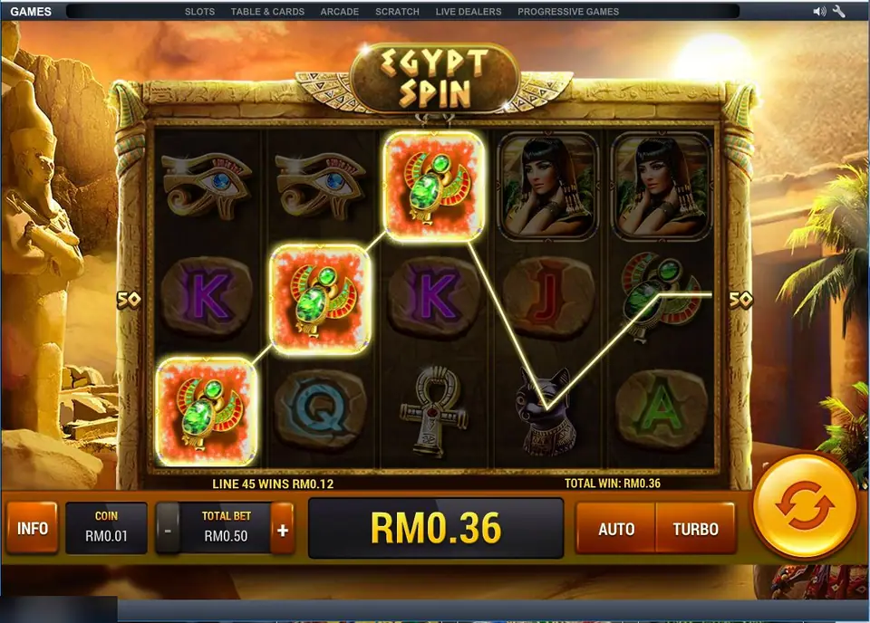Egypt Spin with three scarab symbols forming a win on line 45 for RM0.12, total win RM0.36