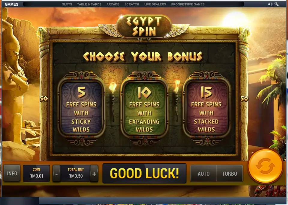 Egypt Spin choose your bonus screen with 5 free spins with sticky wilds, 10 with expanding wilds and 15 with stacked wilds