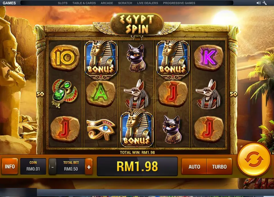 Egypt Spin reels with three pharaoh Bonus symbols on reels 2, 3 and 4