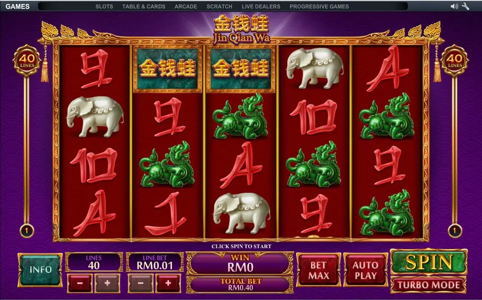 Jin Qian Wa on NTC33 with two gold logo tiles, jade dragons and white elephants on a 5x4 grid, 40 lines at RM0.01