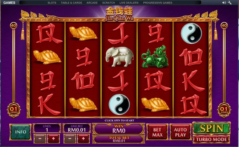 Jin Qian Wa with golden turtles and yin-yang symbols on the reels and one line active