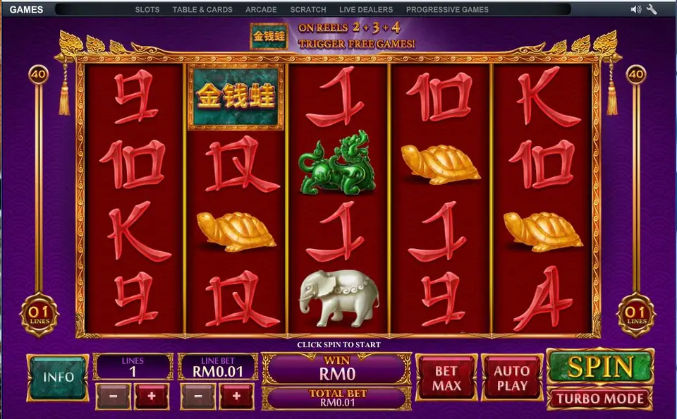 Jin Qian Wa banner saying the logo tile on reels 2, 3 and 4 triggers free games