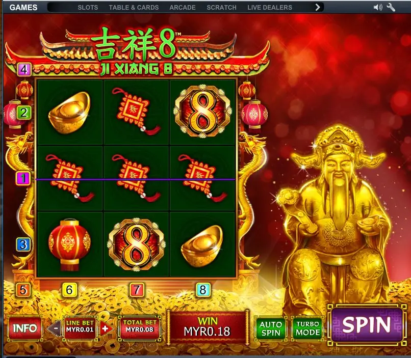 Ji Xiang 8 with three red knots on the middle line, two gold 8 scatters and a MYR0.18 win