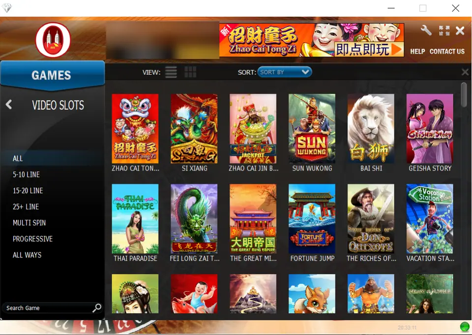 NTC33 Newtown Casino lobby on Windows with the video slots list open, showing Zhao Cai Tong Zi, Sun Wukong, Bai Shi and more