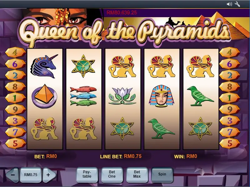 Queen of the Pyramids reels spinning with Bet and Line Bet at RM0.75