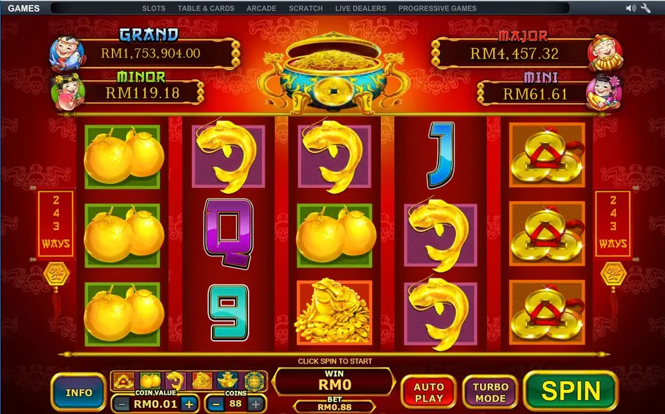 Ri Ri Sheng Cai reels full of gold symbols: oranges, koi and gold ingots, at 88 coins
