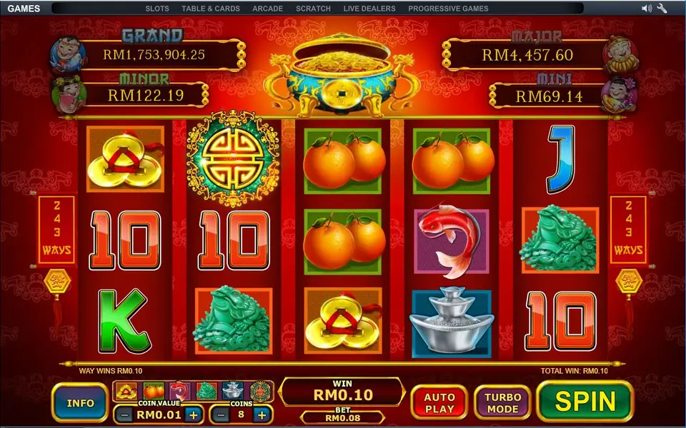 Ri Ri Sheng Cai at 8 coins with a jade frog, silver ingots and a coin medallion, win RM0.10