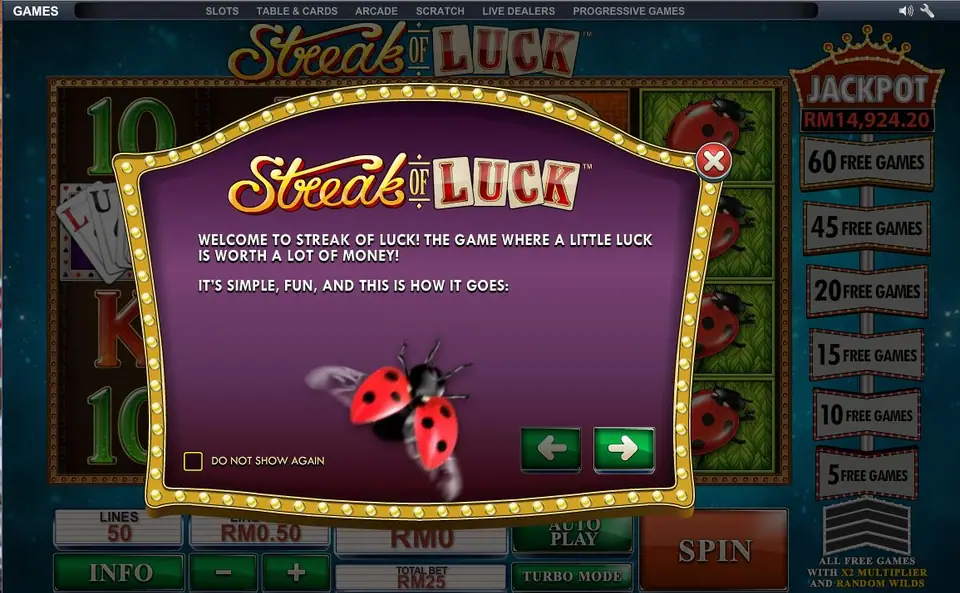 Streak of Luck welcome screen with a ladybird flying across a purple panel