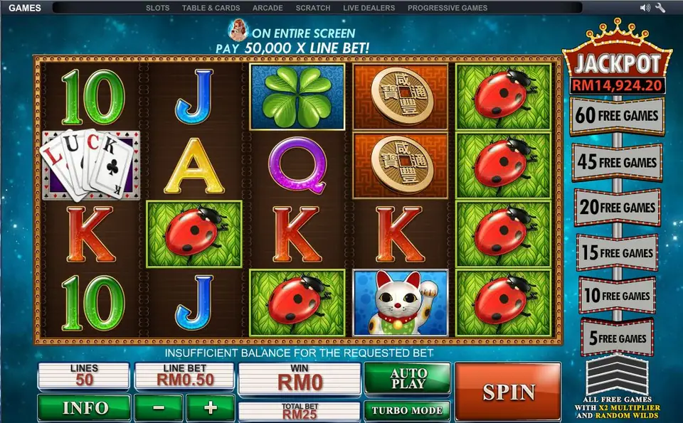 Streak of Luck reels with ladybirds on reel 5, the free games ladder and a RM25 total bet