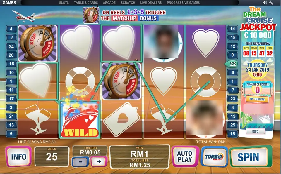 The Love Boat with line 22 paying RM0.50 through a heart and wild combination, total win RM1, and the Matchup bonus banner at the top