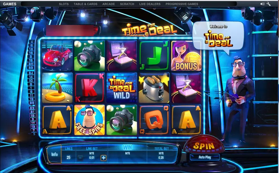 Time for a Deal reels spinning on the lit stage with the host watching from the right