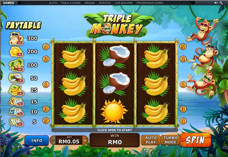 Triple Monkey with bananas stacked on reels 1 and 3, coconuts and a sun on reel 2