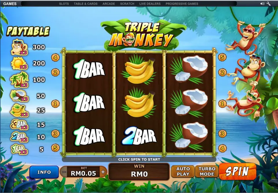 Triple Monkey with three 1BAR symbols on reel 1 and a 2BAR, bananas and coconuts on the other reels