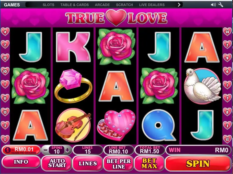 True Love on NTC33 with roses, a diamond ring, a violin, a heart box and a white dove on pink framed reels, 15 lines at RM0.10