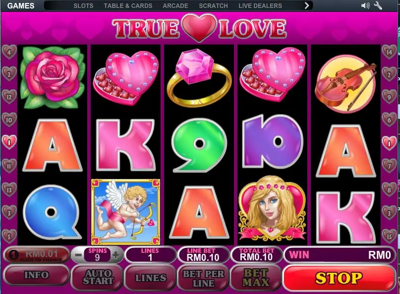 True Love reels with Cupid on reel 2 and the blonde girl scatter on reel 4