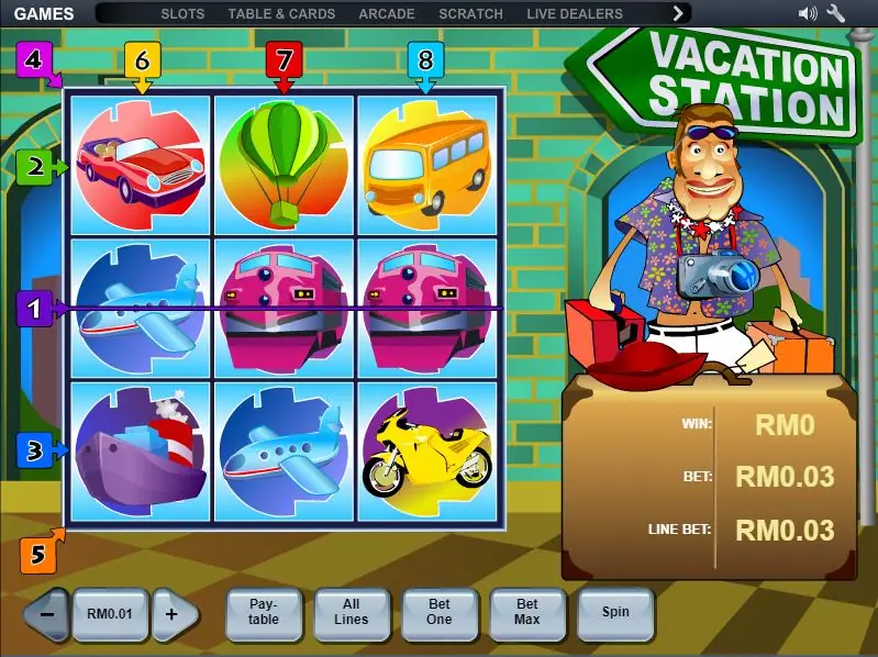 Vacation Station on NTC33 with a car, a hot air balloon, a bus, planes, trains and a motorbike on a 3x3 grid, and the tourist on the right