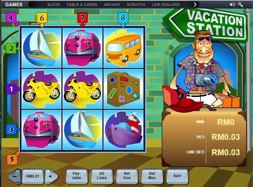 Vacation Station grid with a sailing boat, a pink train, two yellow motorbikes and the travel suitcase in the middle row