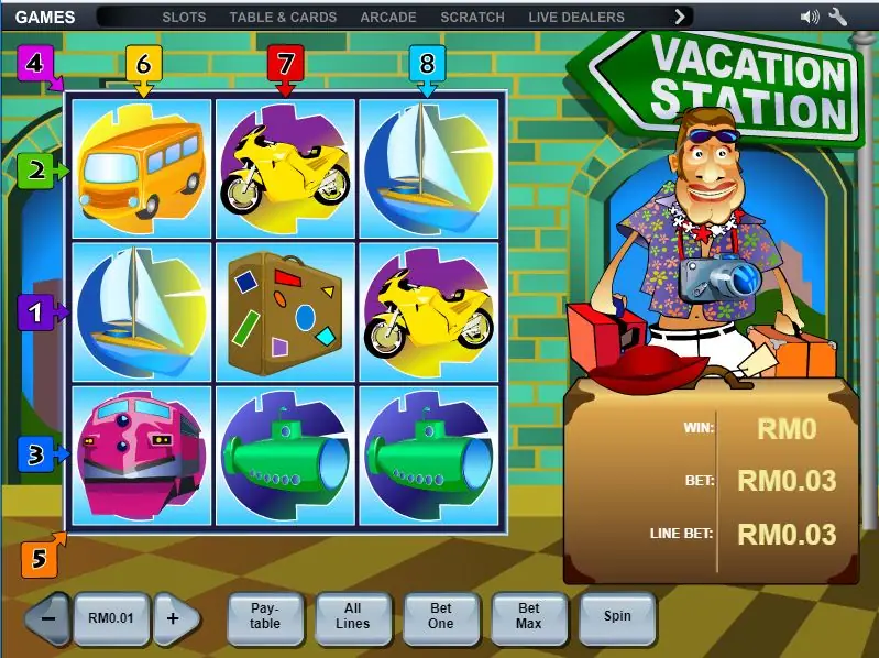 Vacation Station grid with two green submarines on the bottom row and a suitcase in the middle