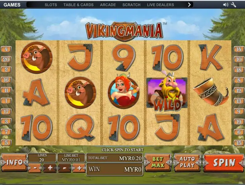 Viking Mania on NTC33 with boars, a red-haired Viking woman, a drinking horn and the blonde Viking wild on wooden reels, 20 lines